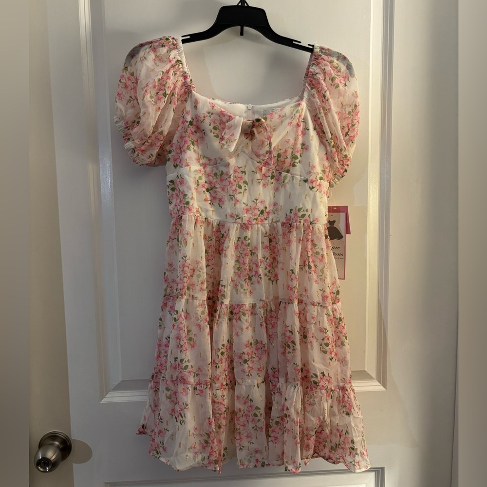 Girls' Rare Editions Floral Tiered Puff-Sleeve Dress Sz 14 NWT